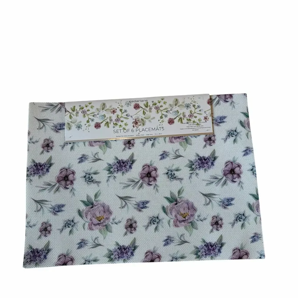 Cedarlane Purple Floral Placemats 13x18 Set of 6 Easy Care NEW